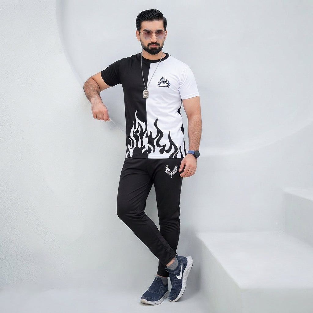 Men’s Summer Track Suit (FIRE BLACK WHITE) – Lightweight & Breathable
