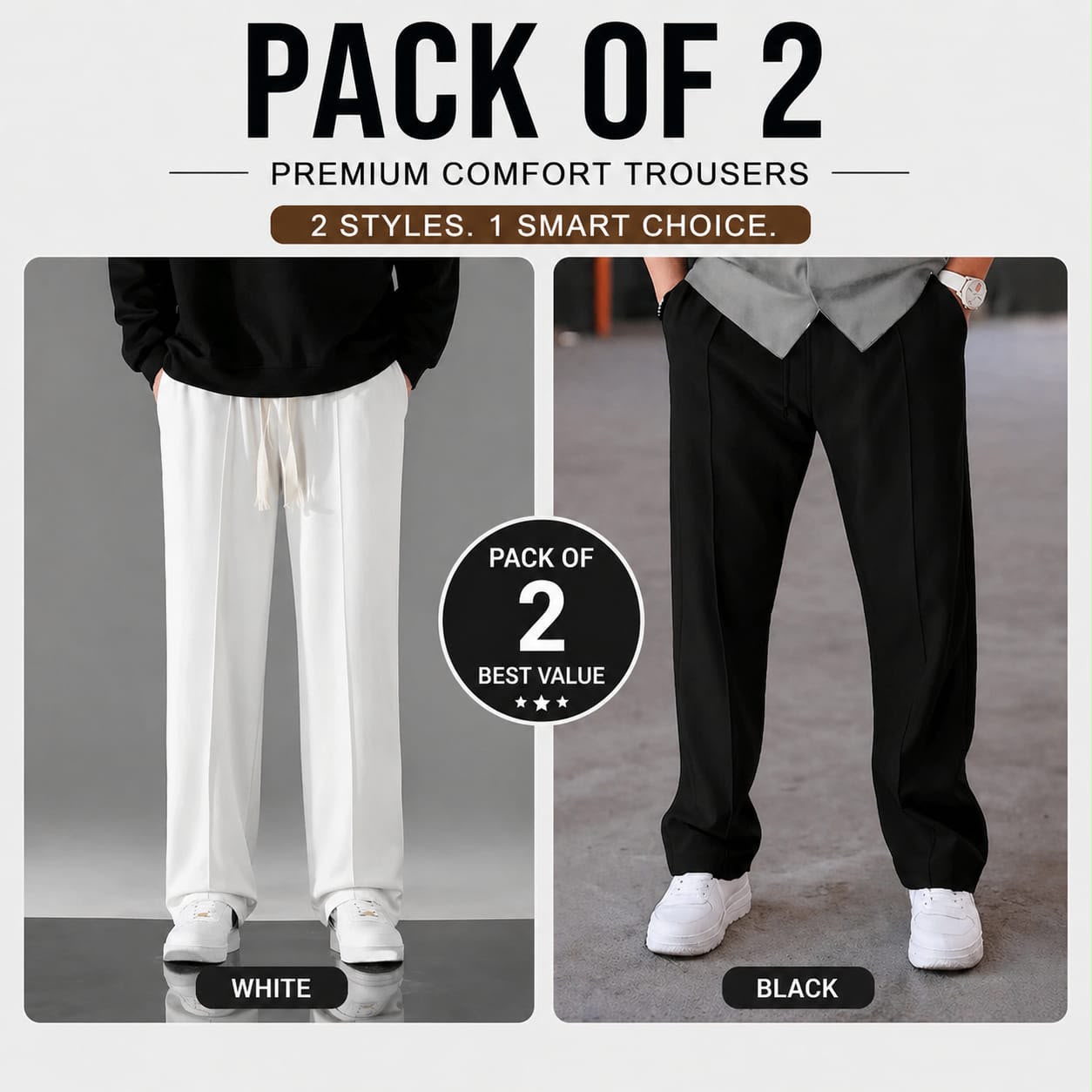 Pack of 2 Premium Baggy Trousers – (White,Black)
