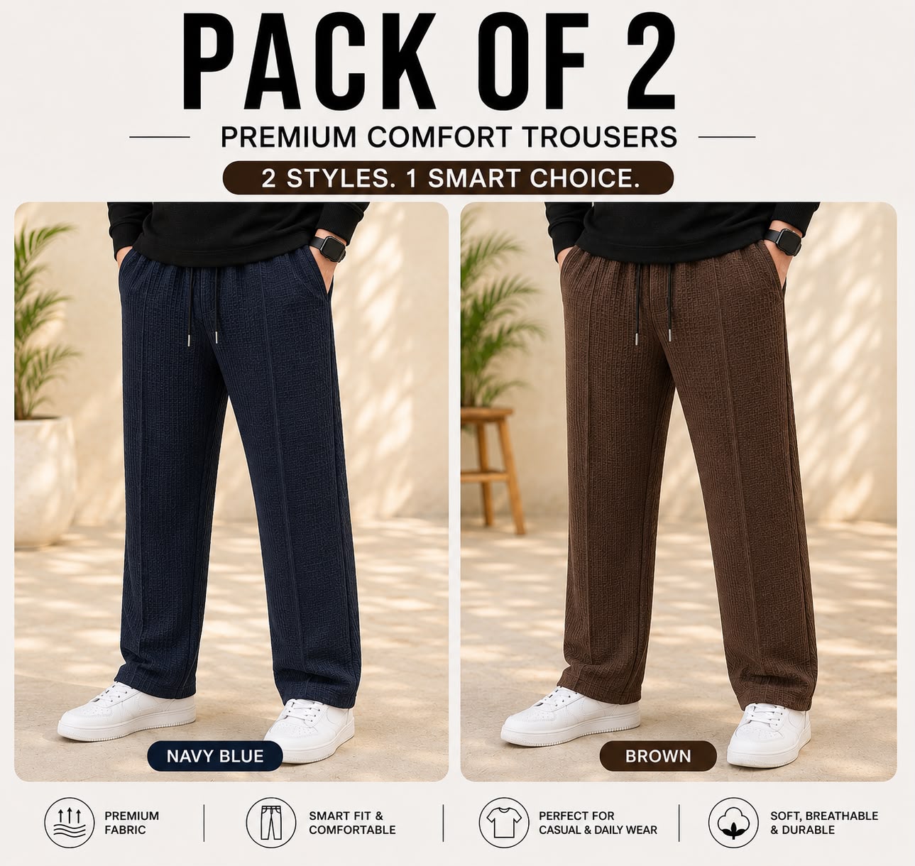 Pack of 2 Premium Baggy Trousers – (BLUE,Brown)