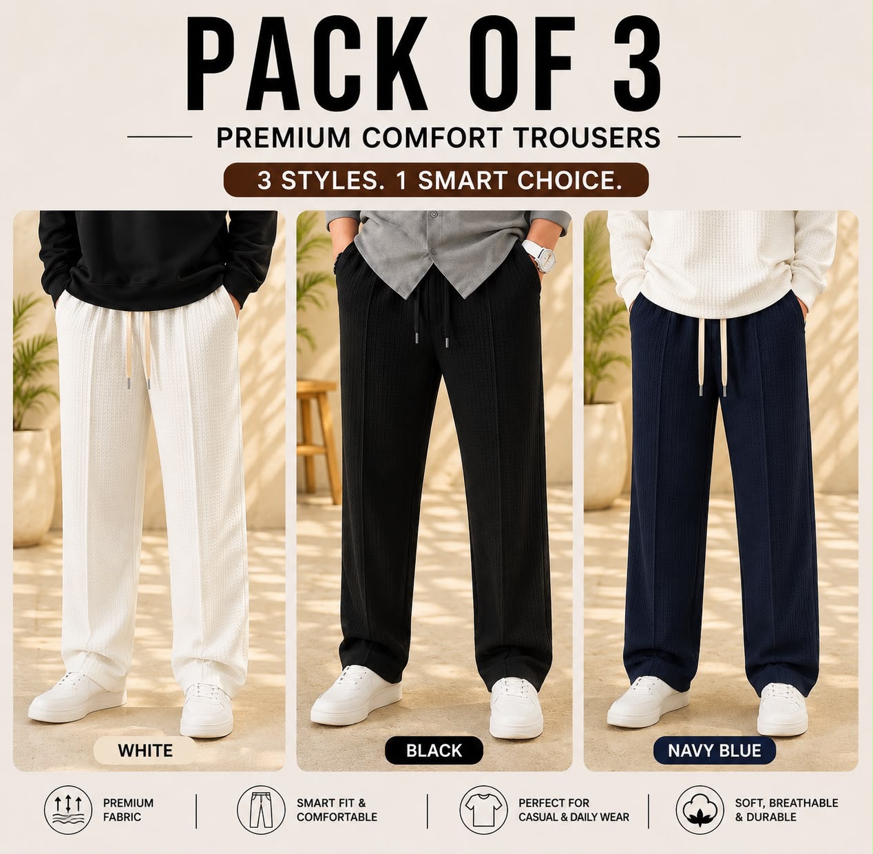 Pack of 3 Premium Baggy Trousers – (white,Blue,Black)