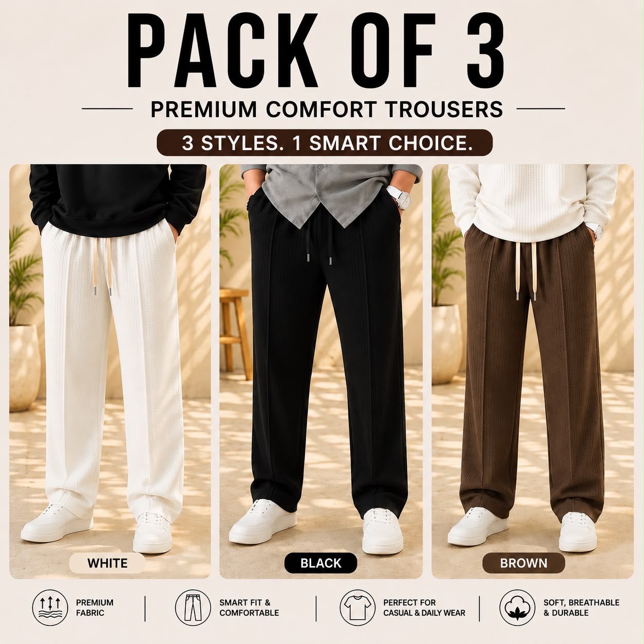 Pack of 3 Premium Baggy Trousers – (white,Brown,Black)