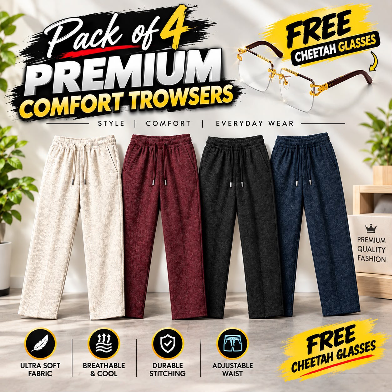 Pack of 4 Premium Baggy Trousers + Free Cheetah Glasses – (White,Maroon,Black, Blue)